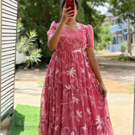 Georgette Maternity/ Feeding Maxi - 3tier - Pink with white Leaf
