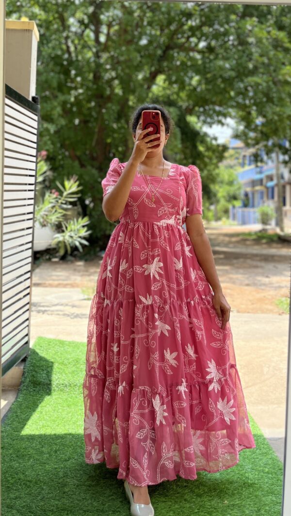 Georgette Maternity/ Feeding Maxi - 3tier - Pink with white Leaf