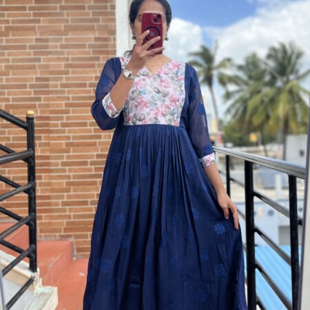 Georgette Maternity/ Feeding Maxi - Self Butta Navy