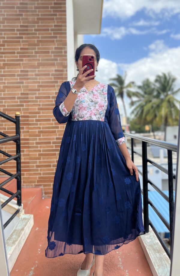 Georgette Maternity/ Feeding Maxi - Self Butta Navy