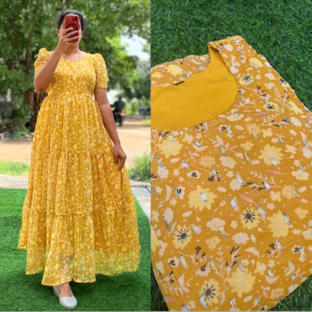 Georgette Maternity/ Feeding Maxi - 3tier - Mustard Butta