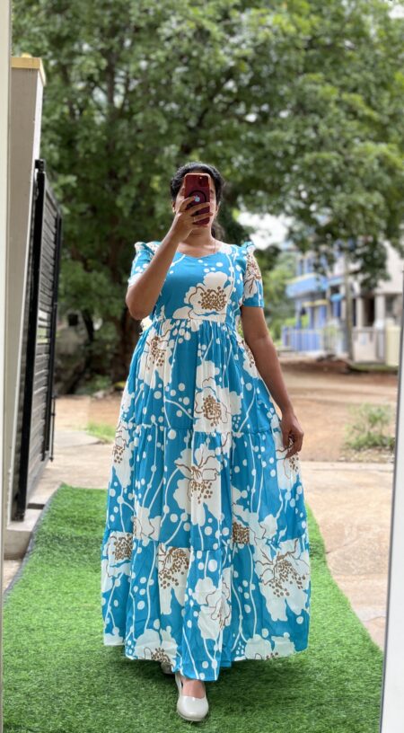 Delta Crush Maternity/Feeding kurti - 3tier- Delta BigFlower Skyblue
