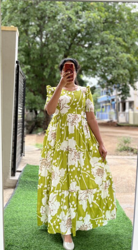 Delta Crush Maternity/Feeding kurti - 3tier- Delta BigFlower ParrotGreen