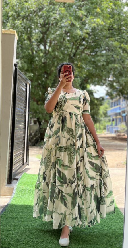 Georgette Maternity/ Feeding Maxi - 3tier - Green leaves