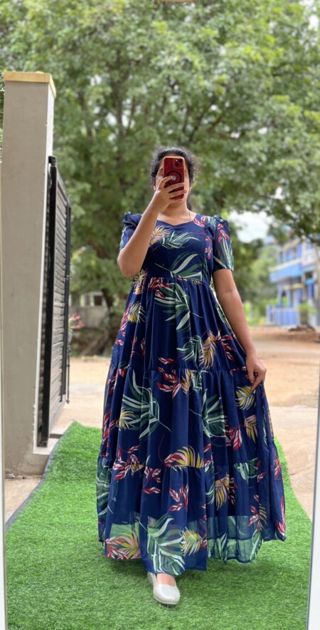Georgette Maternity/ Feeding Maxi - 3tier - Navy Green Leaf