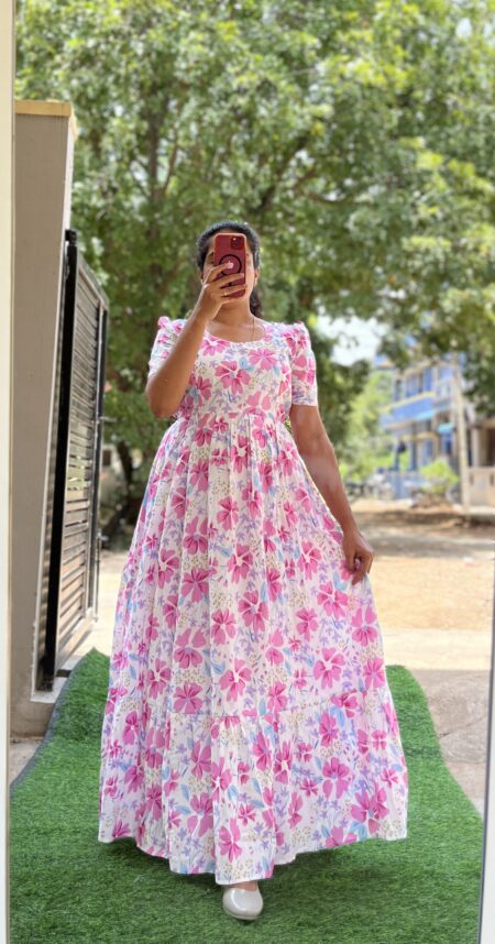 Cotton Maternity/Feeding kurti - Cotton - white with pink flower