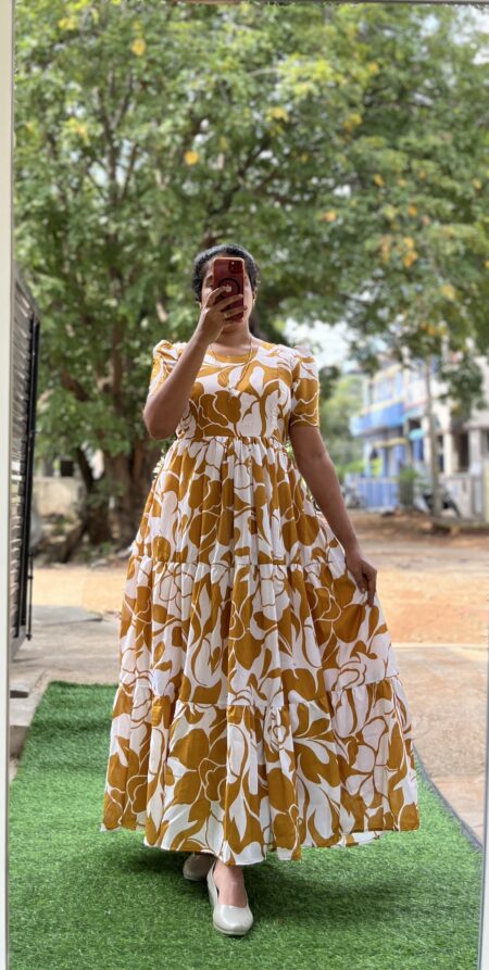 Delta Crush Maternity/Feeding kurti - 3tier- Delta White & Yellow